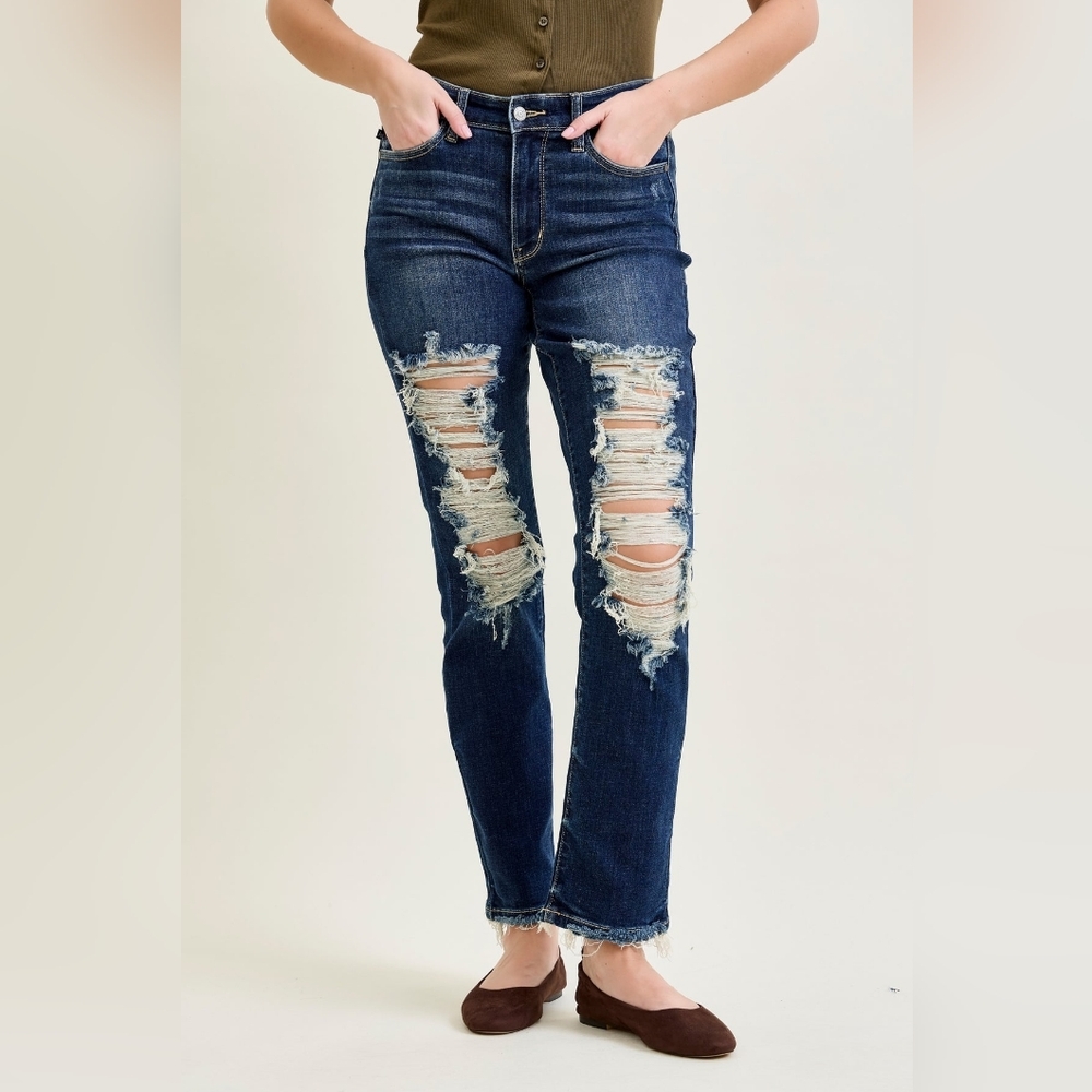 NWT Judy Blue Lisse Mid Rise Distressed Straight Leg Jeans Size 3/26 Stretch